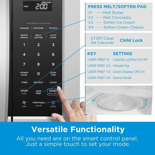 Vista 4 de Midea MOR17BSA-SS 1.7 pies cúbicos Horno de microondas para instalar sobre la estufa con panel táctil inteligente, menú de cocina automática, 1000
