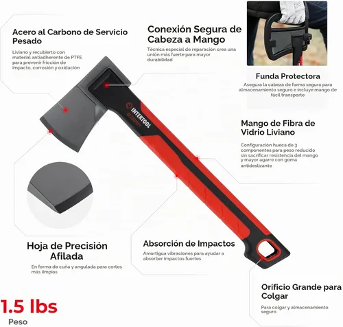 Vista 2 de INTERTOOL Hacha ligera para división de leña de campamento y leña - Hacha pequeña de 14" para cortar madera con mango antideslizante y absorbente