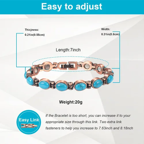 Vista 2 de Pulsera de cobre para mujer, 7.08 '' ajustable con fácil enlace turquesa pulsera magnética, joyería de cobre de moda (0164), Metal