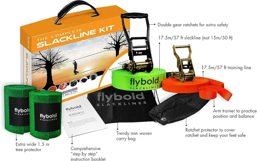 Vista 2 de flybold Kit de Slackline para niños y adultos - Cuerda de equilibrio de 57 pies con línea de entrenamiento, protectores de árboles, entrenador