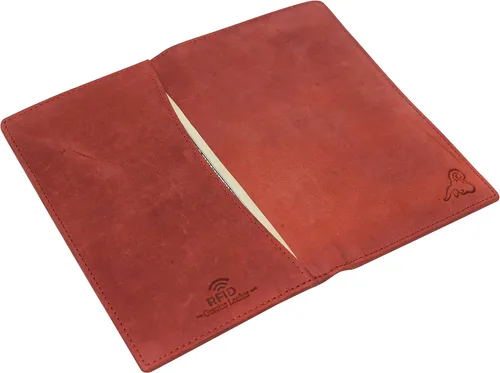 Vista 5 de Cartera larga de piel vintage con bloqueo RFID para tarjeta de crédito, Rojo -, Doble largo