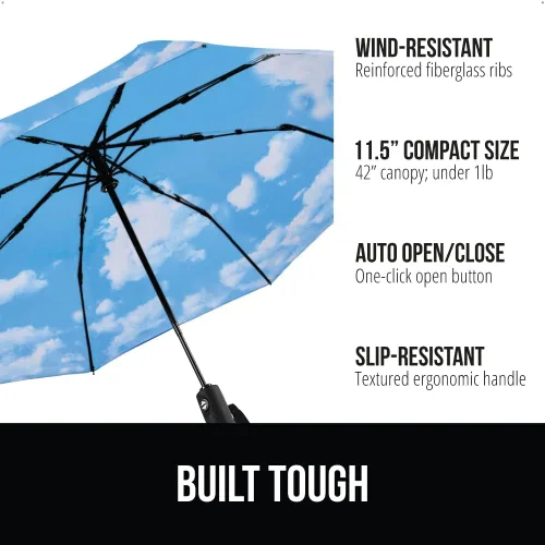 Vista 2 de Gorilla Grip Paraguas compacto resistente al viento para lluvia, apertura y cierre automático con un solo clic, varillas de fibra de vidrio