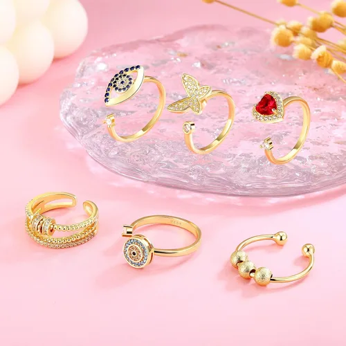 Vista 3 de BELLNA Anillos antiestrés para aliviar la ansiedad para mujeres con mal de ojo mariposa corazón con circonita cúbica para hombres para aliviar