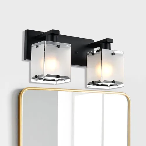 Vista 2 de Lámpara de pared negra de WINSHEN, lámpara de tocador de baño de 2 luces, lámpara de montaje en pared sobre espejo para dormitorio, estudio, sala