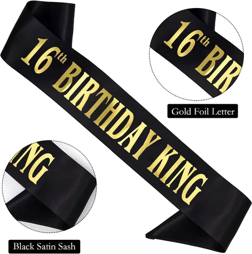 Vista 2 de Banda de cumpleaños de 16 años, banda de satén negro dorado para hombres 16 ° Fabulosa fiesta de cumpleaños, decoraciones de regalo