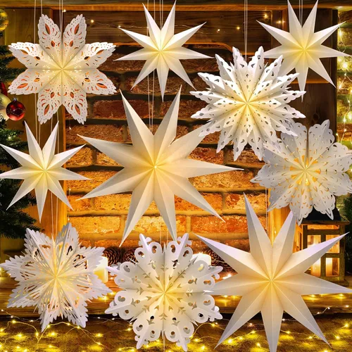 Vista 8 de Leinuosen Juego de 10 Faroles de Papel de Copo de Nieve de Navidad, Faroles de Estrella de Papel con 10 Luces LED, Lámpara de Estrella Colgante