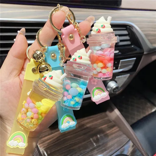 Vista 4 de Xinbalove Lindas bolsas de botella de helado para muñeca con colgante de llavero de coche para niños, niñas y mujeres, llavero flotante de jalea