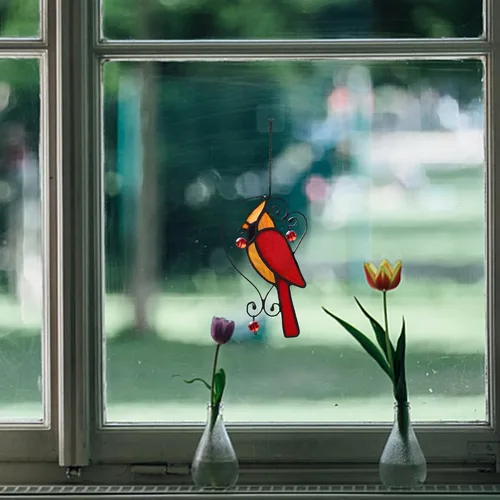 Vista 8 de Adorno de cardenal rojo de vitral colgante para ventana, adornos de pájaros atrapasueños para ventana, regalos de cardenal para abuela, mamá, regalo