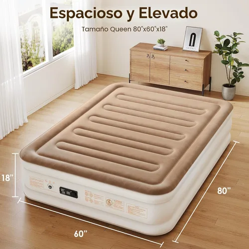 Vista 5 de Colchón de aire Queen con bomba incorporada, colchón inflable Beige Camel
