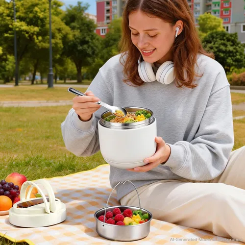 Vista 3 de Tarro de comida aislado de 40 onzas con 2 compartimentos, recipientes herméticos para comida caliente, boca ancha, acero inoxidable, incluye cuchara