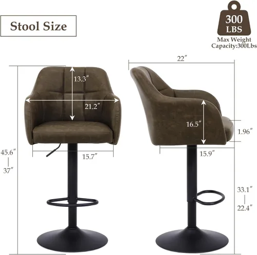 Vista 2 de Moderno juego de 2 taburetes de bar giratorios de piel sintética con apoyabrazos, silla de bar ajustable tapizada con base de metal reposapiés