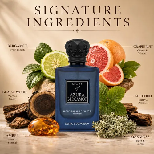 Vista 3 de Prince Parfums Dubai - Story of Azura Bergamota - Extrait de Parfum para hombre 3.4 onzas - Colonia de lujo con pomelo, bergamota, sándalo y vetiver