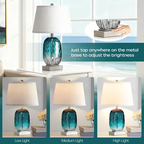 Vista 2 de Juego de 2 lámparas de mesa con control táctil, lámpara de noche de cristal verde azulado costero con puertos USB A+C, lámparas de mesa de noche