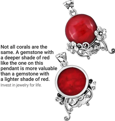 Vista 5 de Shop LC - Colgante de coral rojo en plata de ley 925 - Colgante de cabujón de coral de Bali hecho a mano para collar - Colgante de piedras preciosas