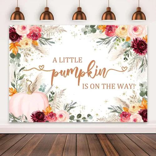 Vista 2 de Mocsicka Telón de fondo para baby shower, calabaza rosa burdeos, fondo de baby shower, decoración de fiesta con texto en inglés "A Little Pumpkin is