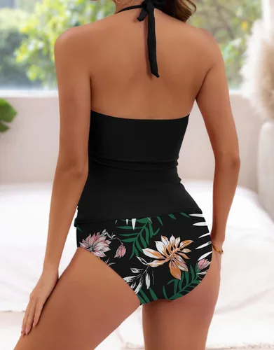Vista 3 de B2prity - Traje de baño de dos piezas para mujer, con control de abdomen, estilo halter, con escote en V y pantalones cortos 11