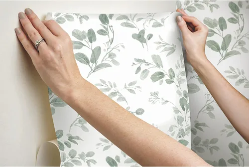 Vista 4 de RoomMates Dancing Leaves - Papel tapiz para despegar y pegar Verde/Blanco