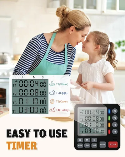 Vista 2 de TPNEG Temporizador digital de cocina – Temporizador de cocina de 4 canales con alarma, parte trasera magnética, modos ruidosos y silenciosos, cuenta