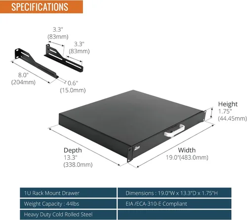 Vista 2 de Tecmojo Cajón de rack de 1U, cajón de montaje en rack para equipo de red de 19 pulgadas, rack de servidor/AV o gabinete de gabinete, cajón