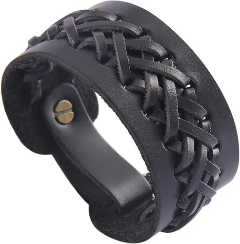Vista 48 de Jeilwiy Pulseras de cuero punk para hombres, pulseras hechas a mano, brazalete ancho, joyería trenzada, color negro y marrón, ajustable, regalos