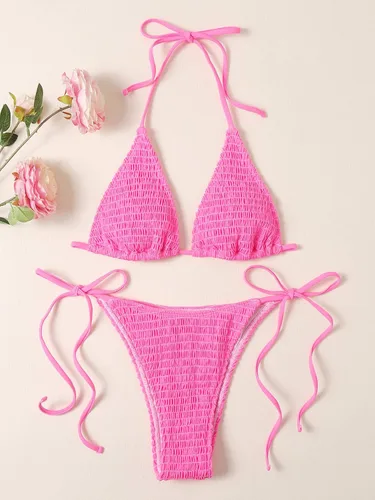 Vista 6 de SweatyRocks Traje de baño triangular de 2 piezas para mujer con parte superior halter y tanga lateral