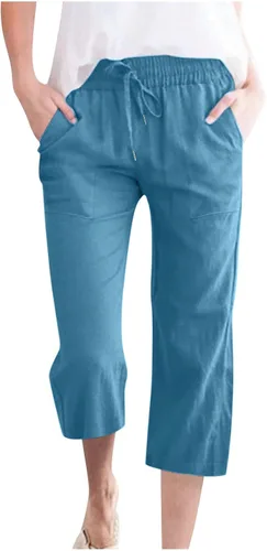 Vista 29 de Ceboyel Pantalones capri para mujer para verano, cintura elástica, pantalones de yoga, con cordón, pantalones de lino, pantalones de entrenamiento