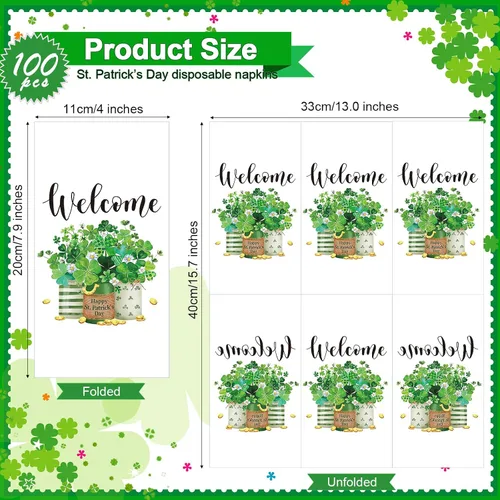 Vista 2 de Outus 100 servilletas del día de San Patricio, tréboles de bienvenida, toallas de papel para invitados, toallas de mano verdes, tréboles