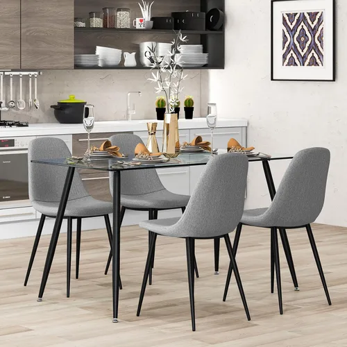 Vista 7 de Tangkula Mesa de comedor de cristal, mesa rectangular moderna con mesa de vidrio templado y patas de acero negro, mesa versátil de cocina simple