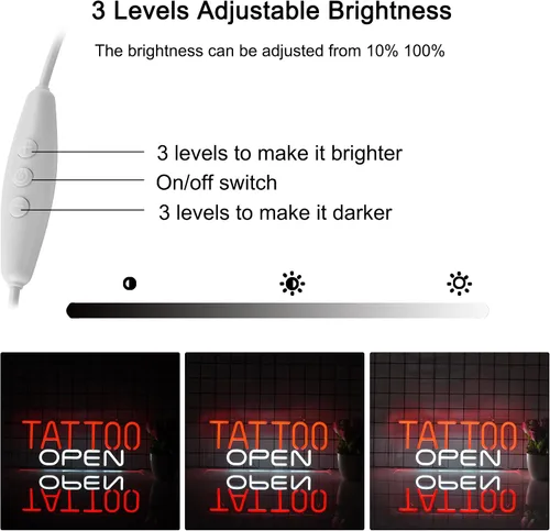Vista 2 de TATTOO OPEN - Letrero de neón para decoración de pared con interruptor regulable, luz LED de neón para negocios Blanco y rojo