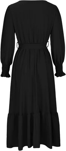 Vista 6 de Vestidos bohemios para mujer, vestido fiesta cóctel fluido gradas, puños ahumados, cuello en V, cintura con lazo