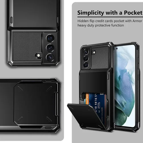Vista 6 de Vofolen Funda tipo cartera para Galaxy S21 Ultra con 4 tarjetas, tarjetero con ranura para tarjeta de crédito, bolsillo trasero, doble capa, Negro