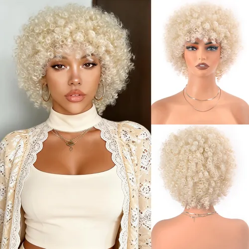 Vista 17 de Vitorish Peluca corta afro rizada con flequillo para mujeres negras, peluca sintética resistente al calor, color negro natural, para uso diario