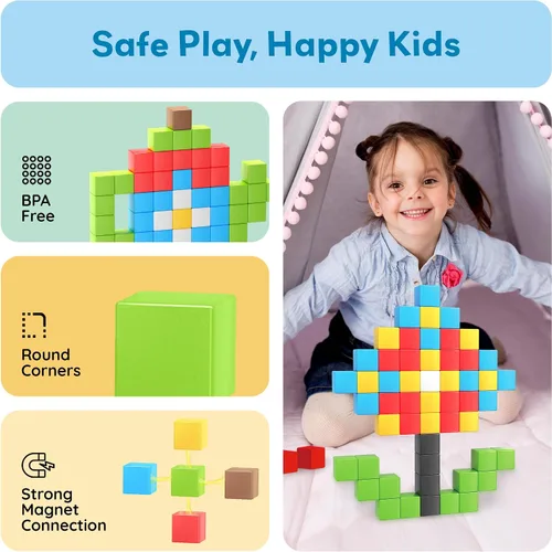 Vista 6 de PicassoTiles Juego de Construcción de Cubos de Rompecabezas Magnéticos de 60 Piezas, Bloques 3D de 1 Pulgada, Juguete de Construcción STEM
