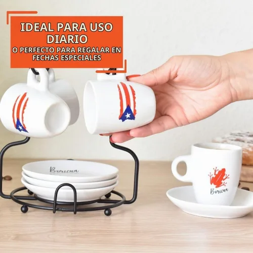 Vista 7 de IMUSA Juego de 8 tazas de espresso Boricua de 3 onzas con platillos y estante