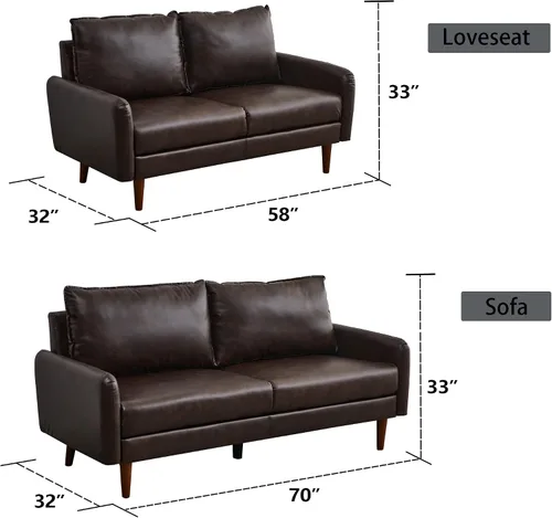 Vista 3 de INSTORY Sofá de dos plazas de cuero moderno Sofá cómodo con patas de madera para sala de estar, oficina - marrón