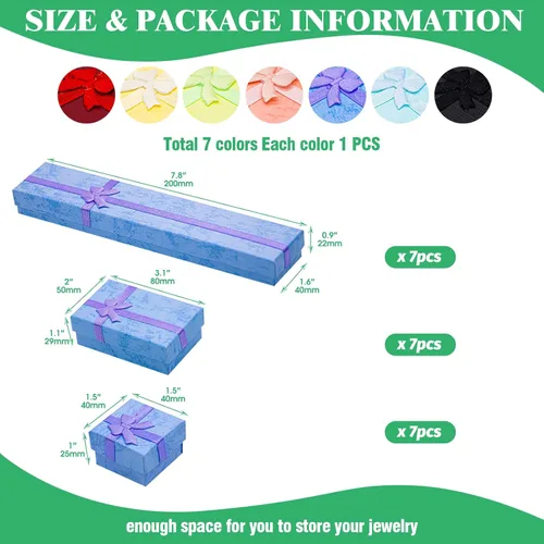 Vista 2 de 21 cajas de regalo de joyería vacías de 7 colores con tapas, juego surtido que contiene 1.5 x 1.5 pulgadas, 2 x 3 pulgadas y 7.9 x 1.6 pulgadas
