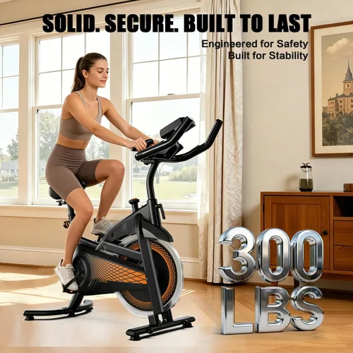 Vista 5 de Bicicleta estática para interiores con Bluetooth, bicicleta de ciclismo para gimnasio en casa, capacidad de peso de 300 libras, asiento 2-Naranja