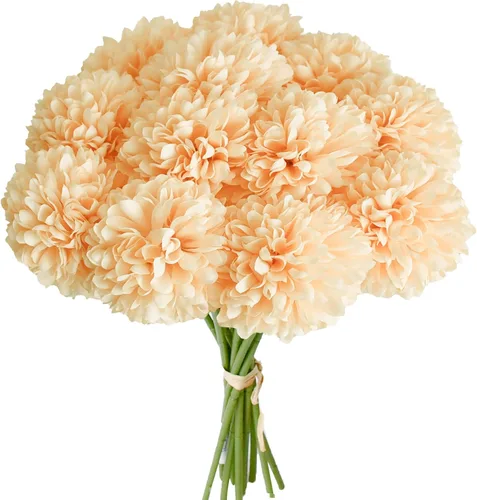 Vista 17 de Mandy's 6 tallos de seda beige Kiku flores de bola Tallos artificiales de crisantemo para decoración del hogar, verano, arreglo floral sintético