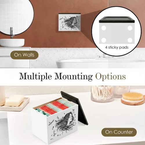 Vista 5 de Discreto soporte para tampones para baño con tapa de bandeja de tocador, organizador de tampones para baño para montaje en pared o encimera