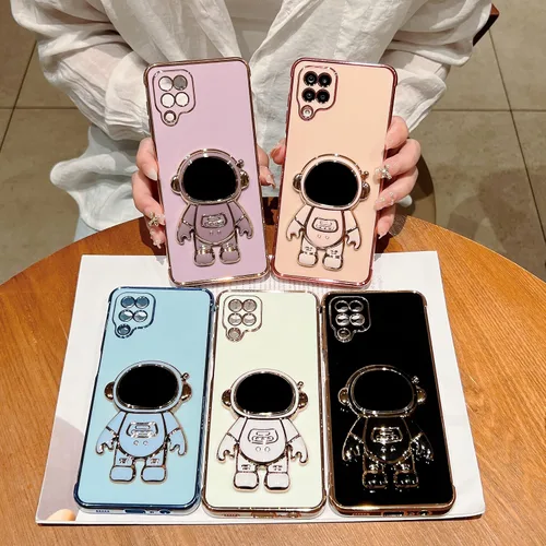 Vista 5 de phylla para Samsung Galaxy A12 Funda de Teléfono con Soporte Oculto de Astronauta Chapado en Oro de Lujo Lindo Astronauta Lateral Lindo