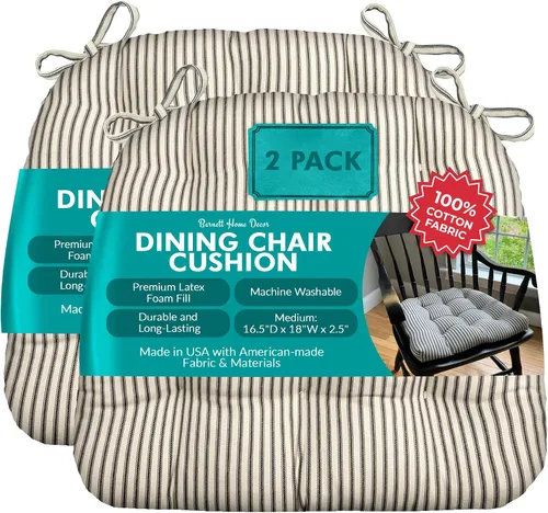 Vista 22 de Barnett Home Decor Ticking Stripe Berlin Blue - Almohadilla para silla de comedor con lazos, tamaño mediano 18, relleno de espuma de látex, lavable