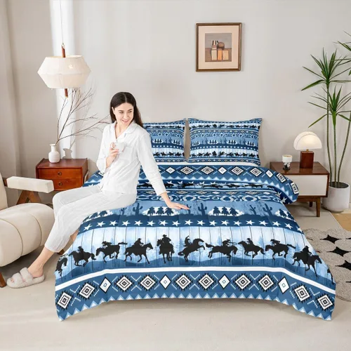 Vista 42 de Manfei Juego de edredón geométrico azteca, tamaño individual, juego de ropa de cama de cactus, vaquera occidental, decoración de habitación de niños