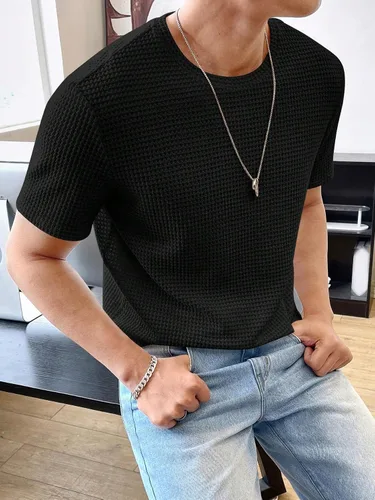 Vista 3 de WDIRARA Camiseta de punto gofre de manga corta con cuello redondo para hombre