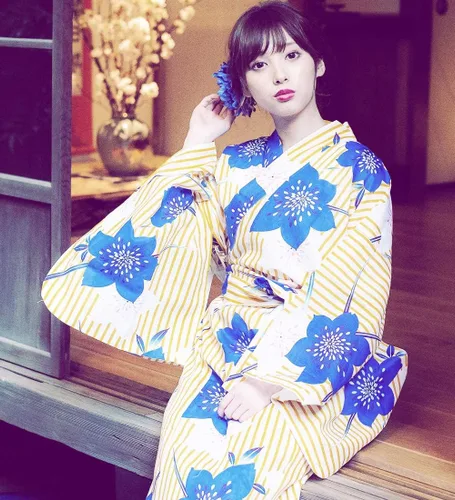 Vista 8 de Kimura Jitsugyo Kyoto - Bata tradicional Yukata Kawaii fácil de usar para mujer (kimono casual japonés) Set 2