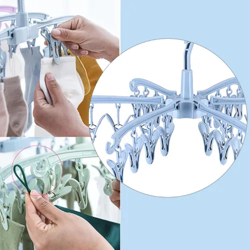 Vista 3 de Estante de Secado Plegable con 24 Clips para Secar Calcetines, Lencería, Ropa de Bebé, Toallas, Estante Giratoria para Secar Calcetines Azul