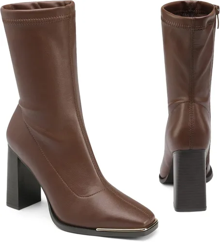 Vista 4 de DREAM PAIRS Botas Gogo de punta cuadrada para mujer, botas de tobillo elásticas, tacón alto y grueso, botas de media pantorrilla