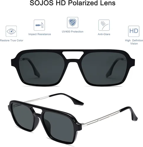 Vista 2 de SOJOS Gafas de sol de aviador polarizadas vintage para mujeres y hombres, retro planos de los años 70 Narraw rectangulares para mujer SJ2186