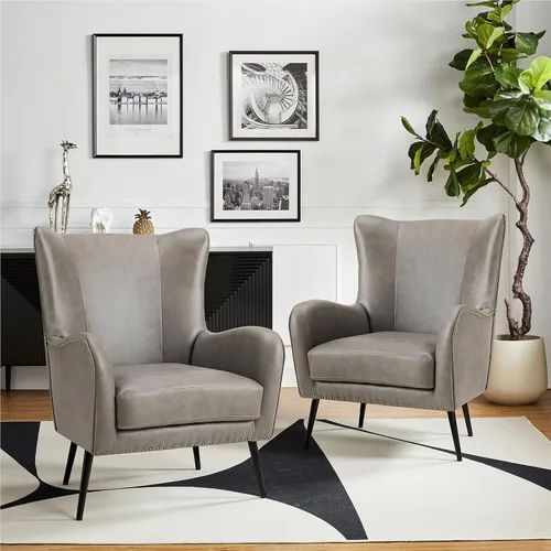 Vista 20 de HULALA HOME Silla decorativa de piel sintética con cojín extraíble, cómodo sillón tapizado con patas de metal negro y ribete de cabeza de clavo