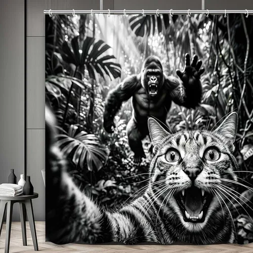 Vista 3 de Divertida cortina de ducha con diseño de gato con gorila en la selva, decoración de baño de animales humorísticos en blanco y negro, juego