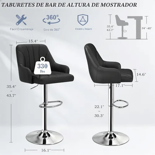 Vista 2 de VECELO Juego de 2 taburetes de bar, taburetes de bar ajustables, taburetes de altura de mostrador con respaldo y brazo, taburetes de isla de cocina